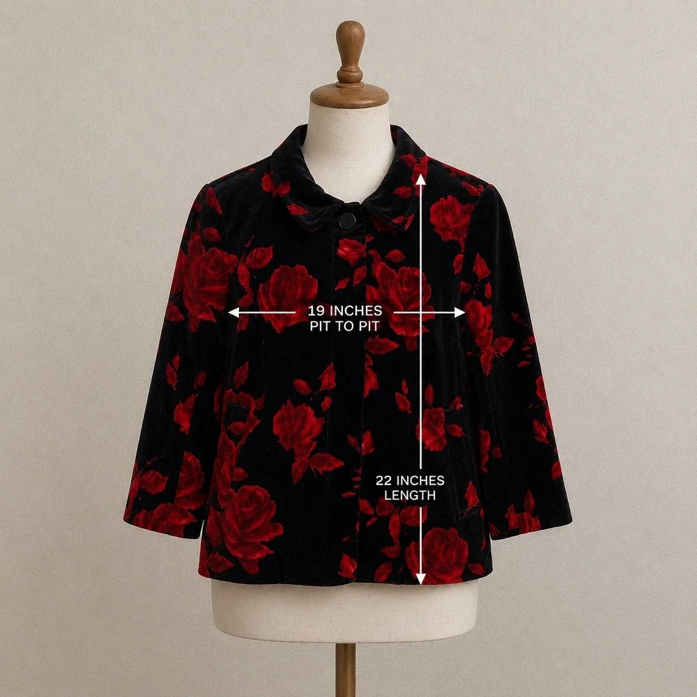 Talbots Red Rose Floral Velvet Jacket Size 2 Black Cotton Blazer Holiday Winter